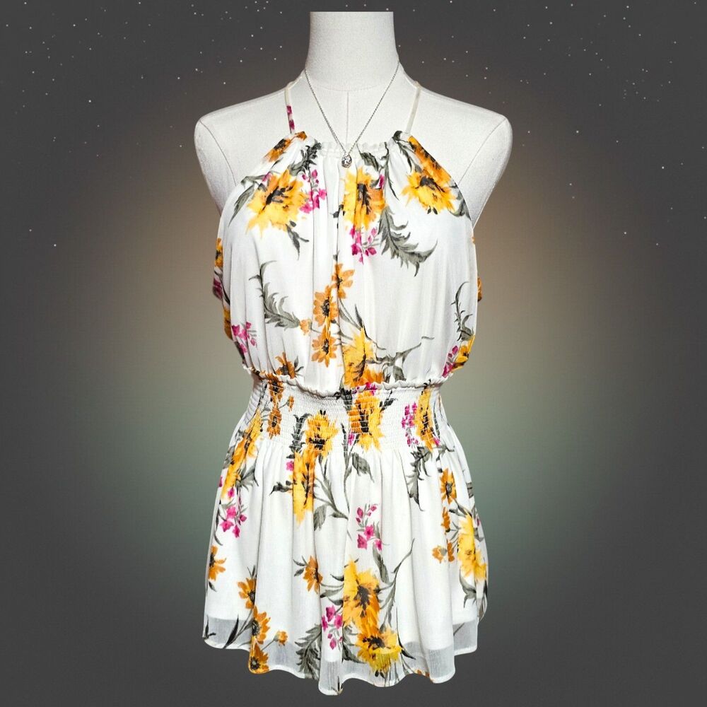 Express Floral Halter Top Smocked Waist Peplum Blouse White‎ Yellow Pink Medium